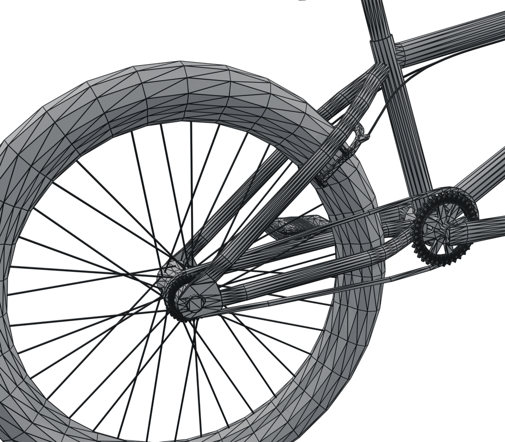 Wireframe of the original bike's rear wheel and chainstays, fully triangulated