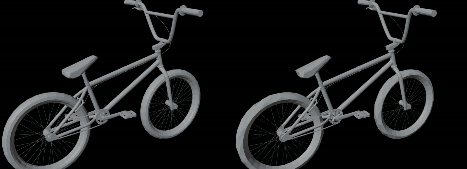 A BMX bike rendered twice: 21,510 triangles on the left, 10,000 on the right, looking the same
