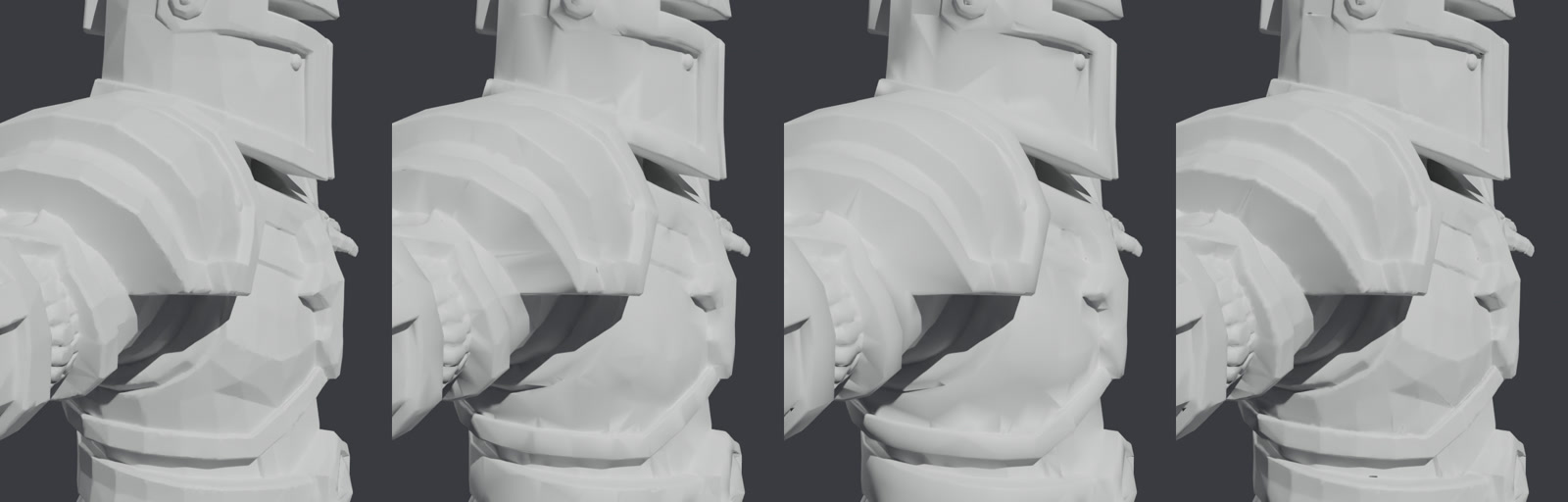Four renders of a knight's armour: the original at 604k, 130k keeping surface detail, a plain 50k reduction, and 50k with baked detail